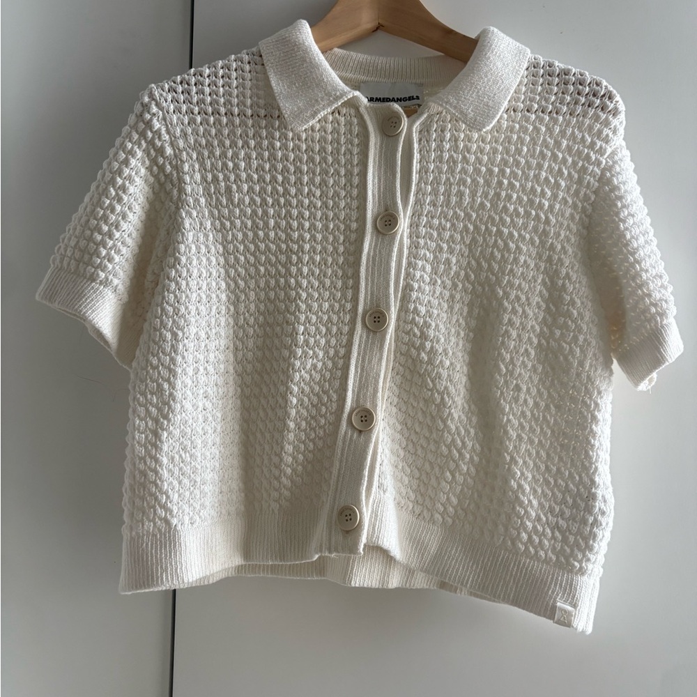 Cream Knit Short-Sleeve Button-Up Polo Top